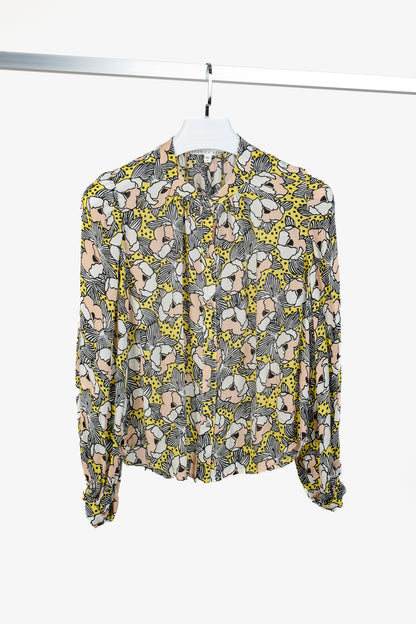 Veronica Beard Yellow & Nude Beachside Floral Silk Buttoned Blouse