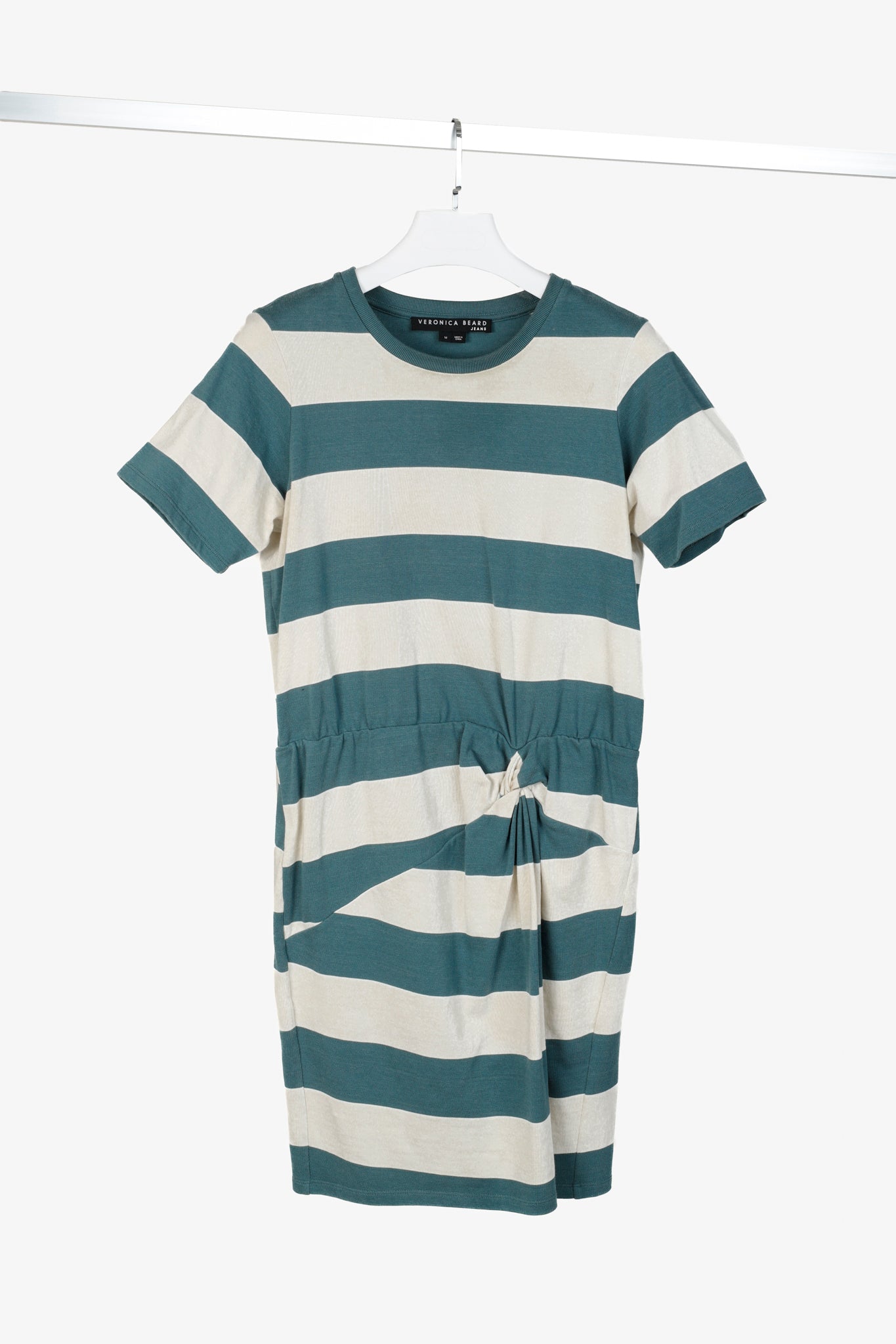 Veronica Beard Jeans Tyla Teal and Ecru Striped Knot-Front Tee Dress