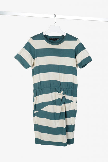 Veronica Beard Jeans Tyla Teal and Ecru Striped Knot-Front Tee Dress
