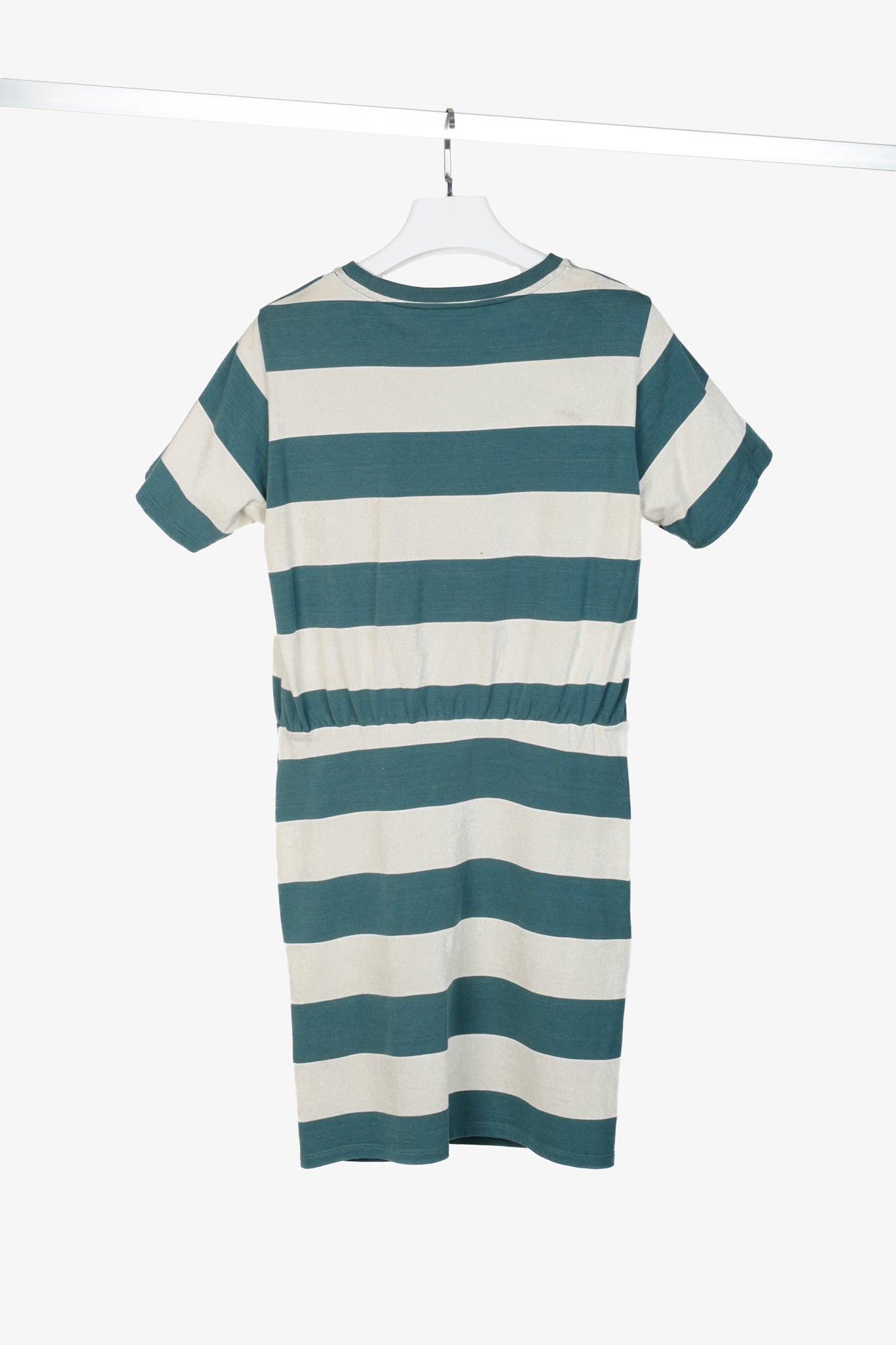 Veronica Beard Jeans Tyla Teal and Ecru Striped Knot-Front Tee Dress