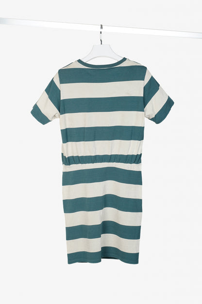 Veronica Beard Jeans Tyla Teal and Ecru Striped Knot-Front Tee Dress