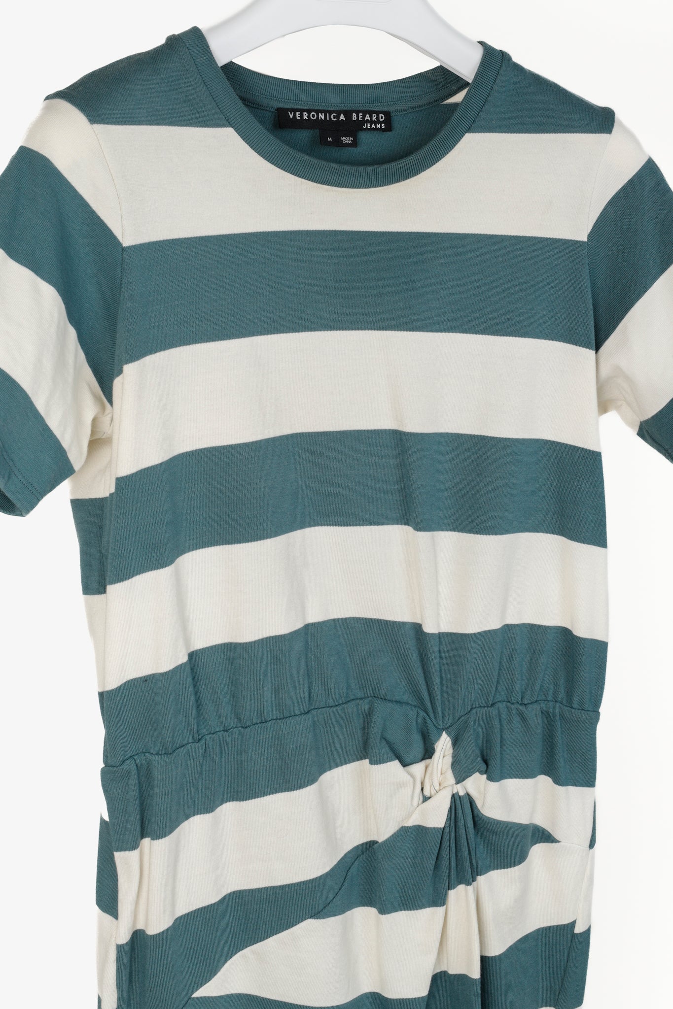 Veronica Beard Jeans Tyla Teal and Ecru Striped Knot-Front Tee Dress