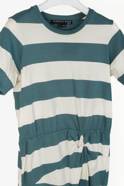 Veronica Beard Jeans Tyla Teal and Ecru Striped Knot-Front Tee Dress