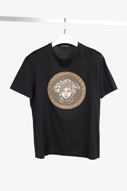 Versace Black Cotton Jersey Rhinestone & Chainlink Medusa Tee