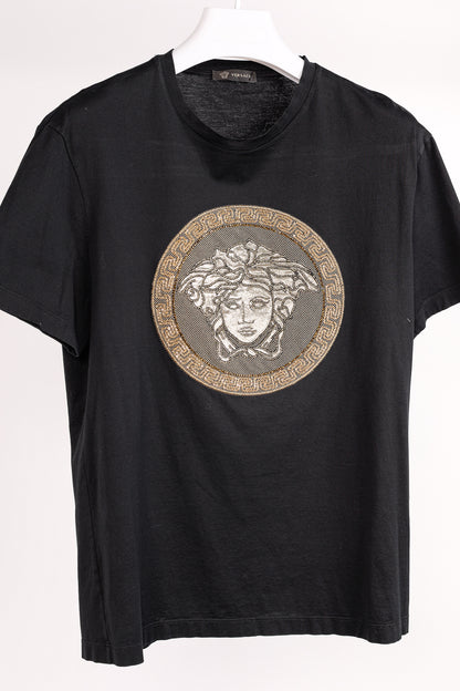 Versace Black Cotton Jersey Rhinestone & Chainlink Medusa Tee