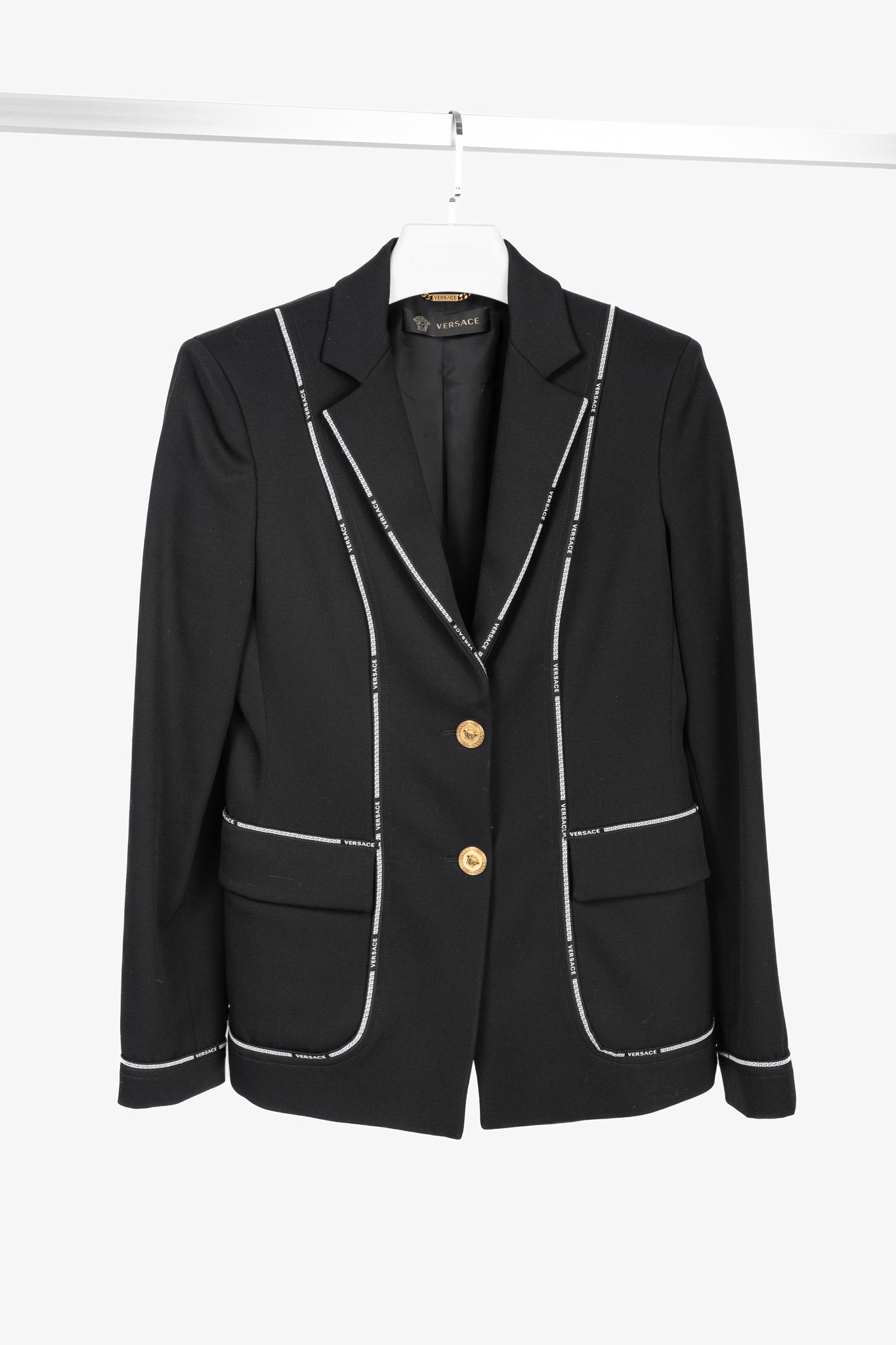 Versace AW/18 Black Wool Greek Key Logo Trim Blazer