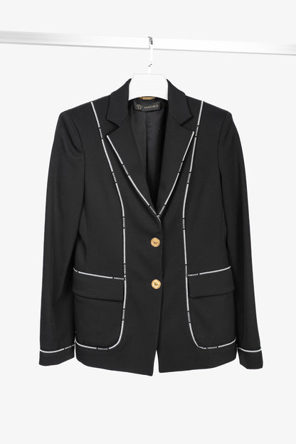 Versace AW/18 Black Wool Greek Key Logo Trim Blazer