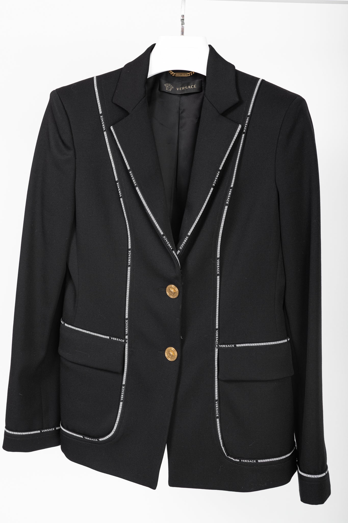 Versace AW/18 Black Wool Greek Key Logo Trim Blazer