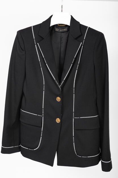 Versace AW/18 Black Wool Greek Key Logo Trim Blazer