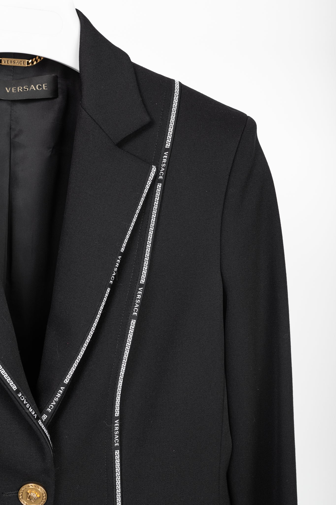 Versace AW/18 Black Wool Greek Key Logo Trim Blazer