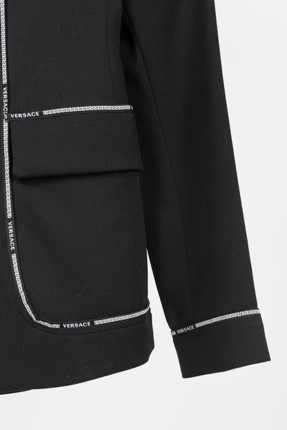Versace AW/18 Black Wool Greek Key Logo Trim Blazer
