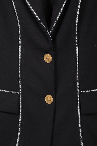 Versace AW/18 Black Wool Greek Key Logo Trim Blazer