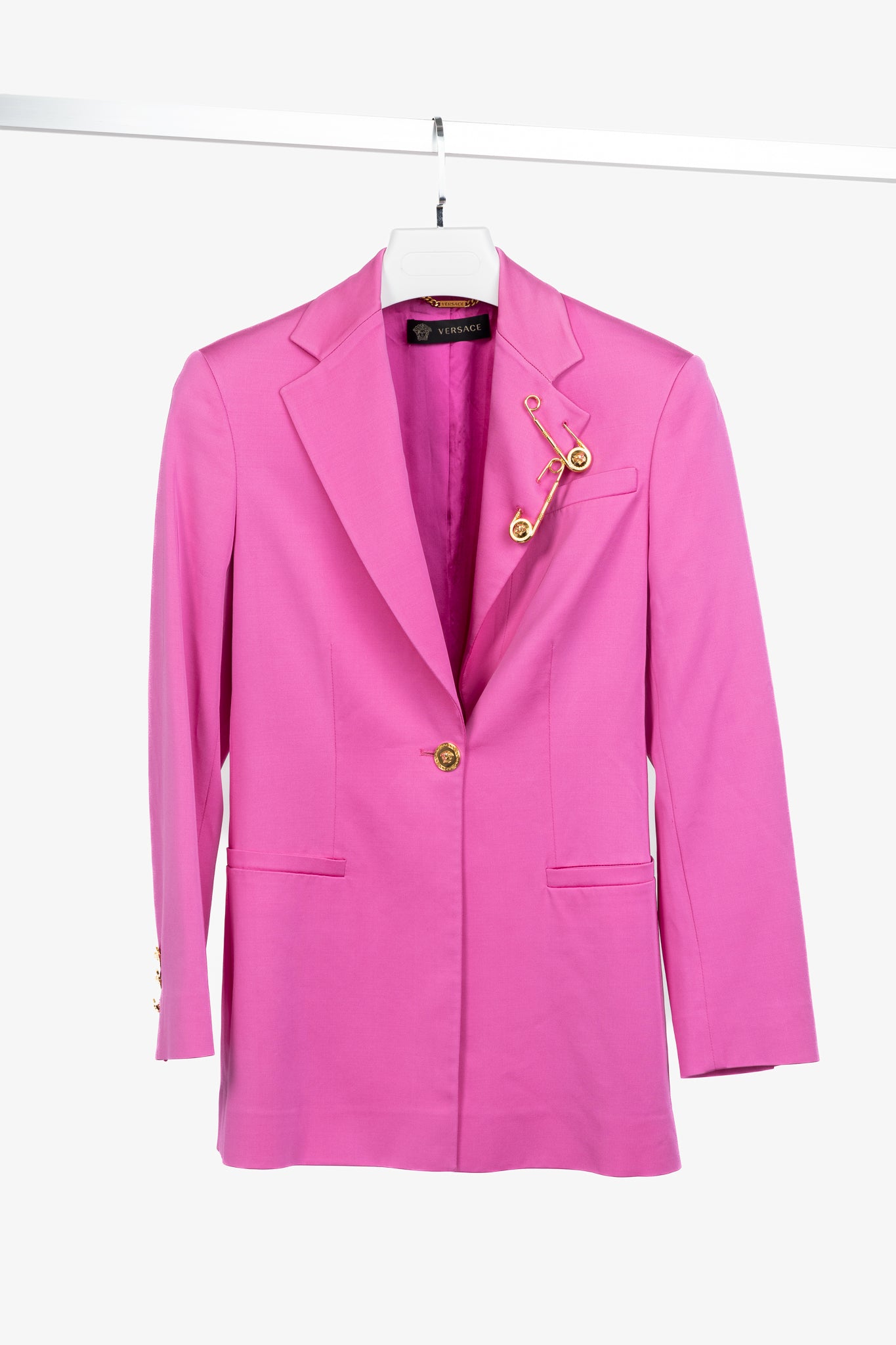 Versace SS/20 Fuchsia Satin Safety Pin Detail Blazer