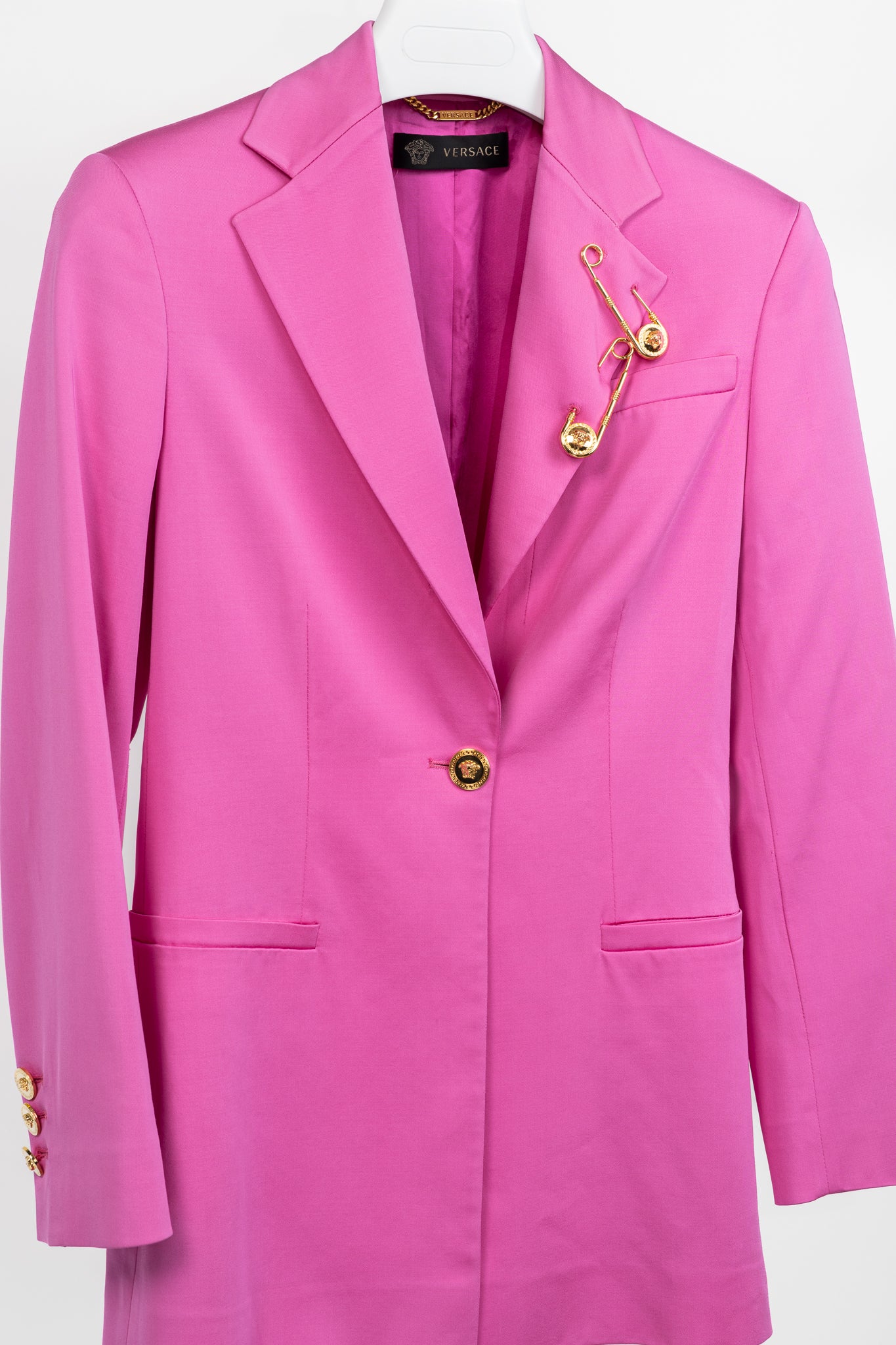 Versace SS/20 Fuchsia Satin Safety Pin Detail Blazer