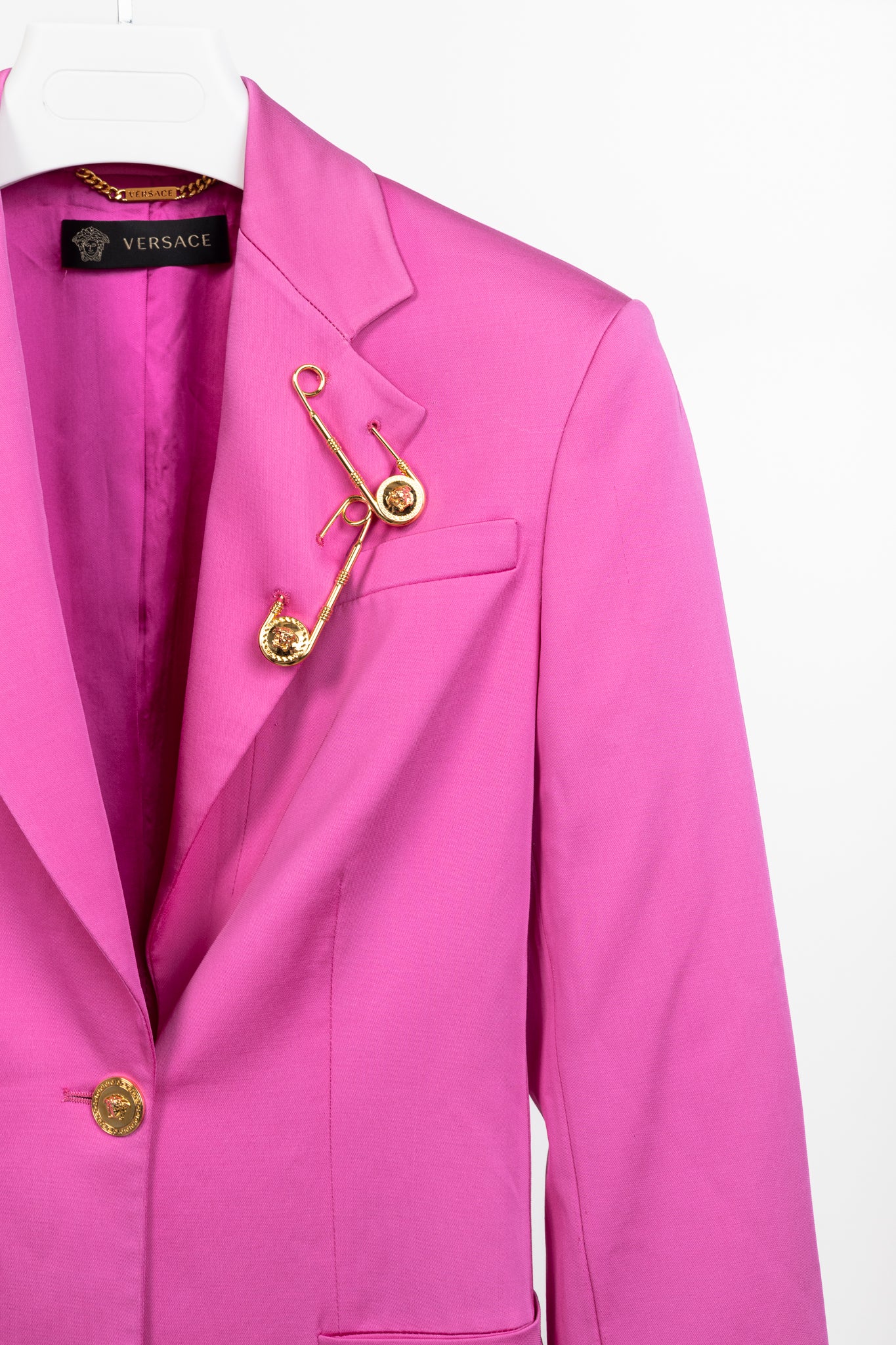 Versace SS/20 Fuchsia Satin Safety Pin Detail Blazer