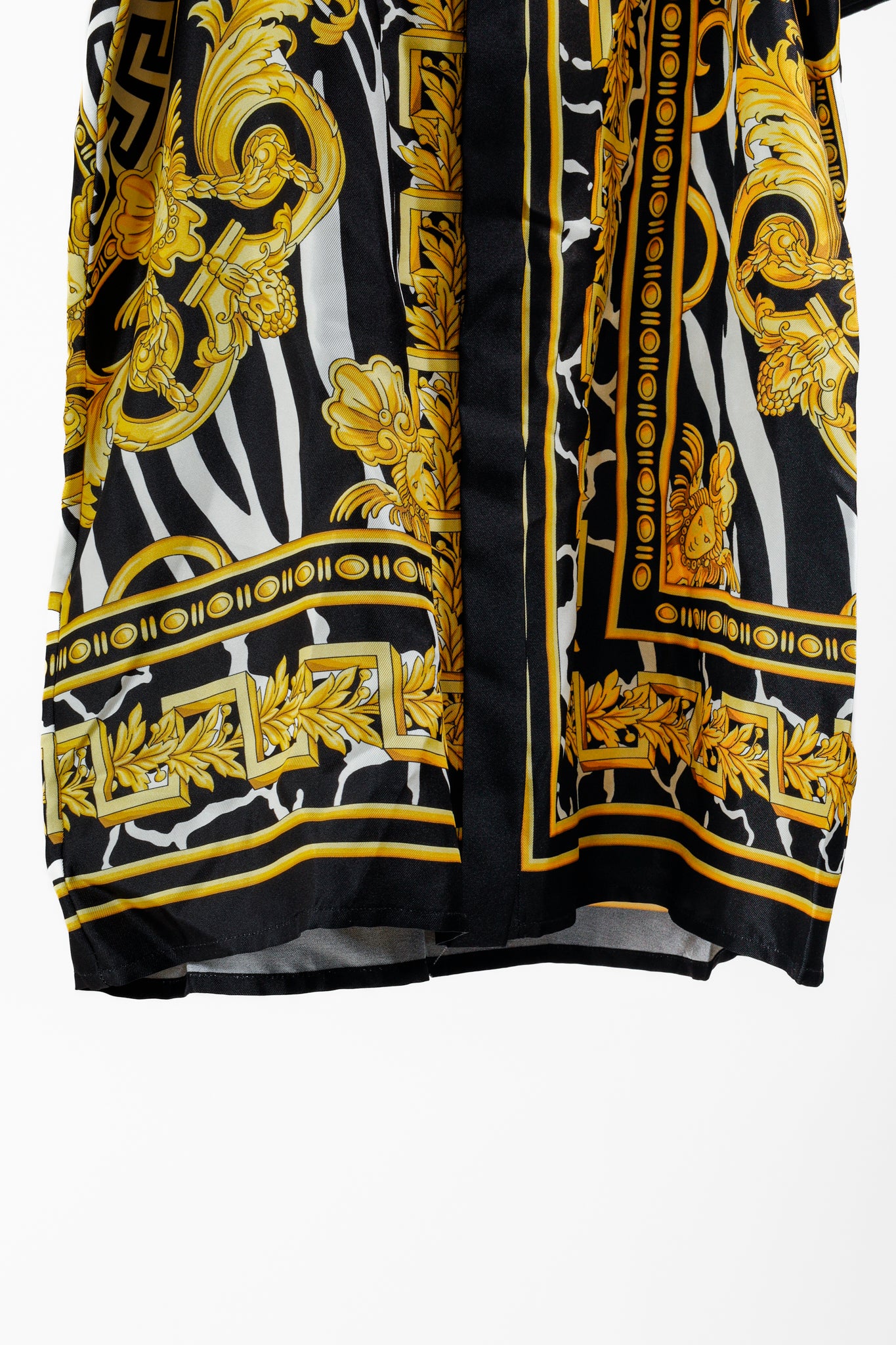 Versace 2019 Black Gold Baroque Silk Shirt Dress