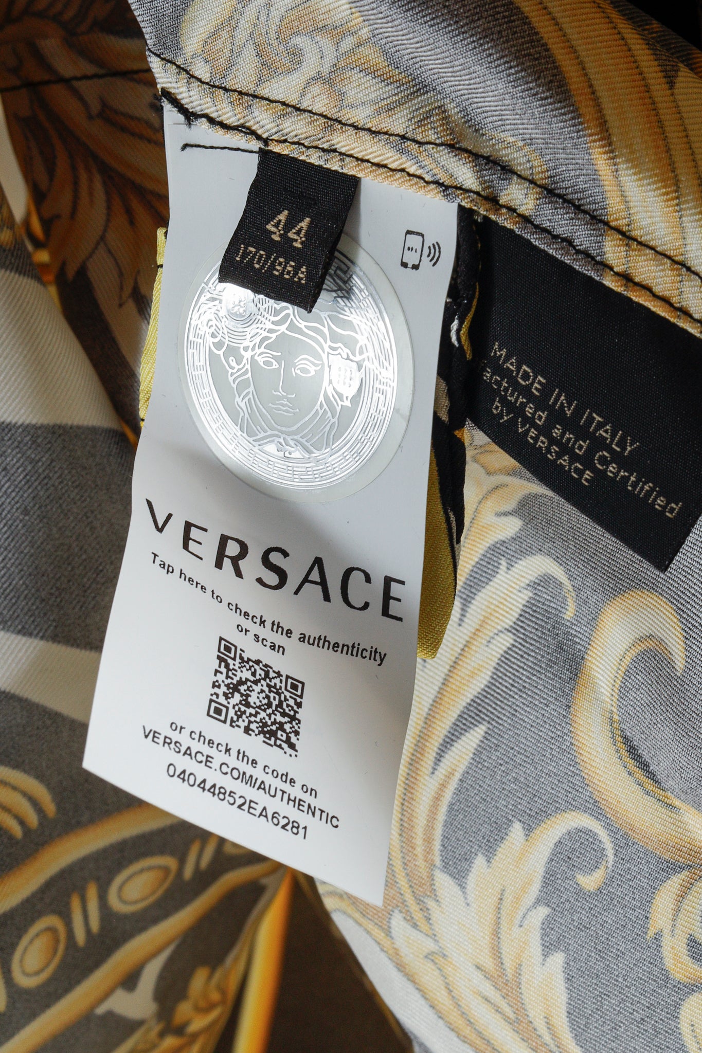 Versace 2019 Black Gold Baroque Silk Shirt Dress