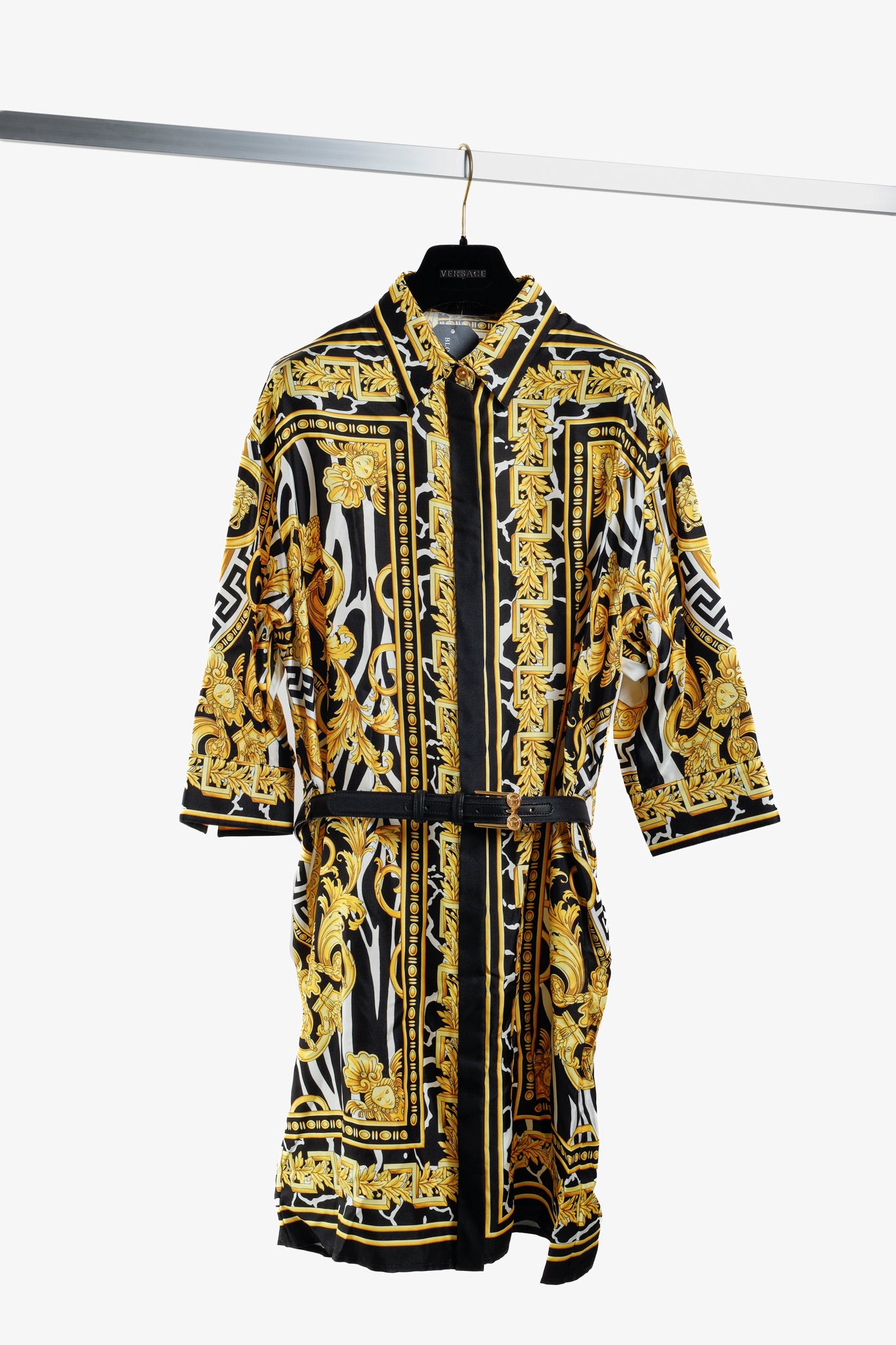 Versace 2019 Black Gold Baroque Silk Shirt Dress