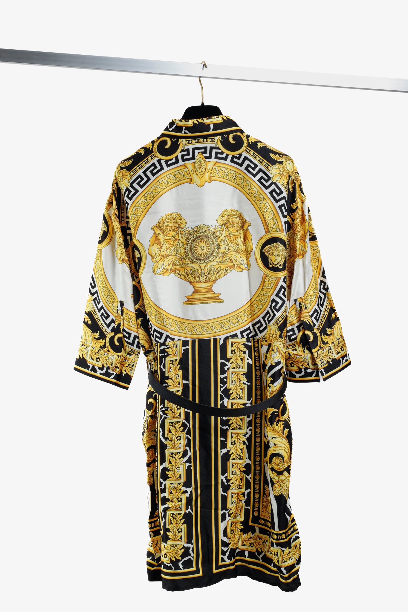 Versace 2019 Black Gold Baroque Silk Shirt Dress