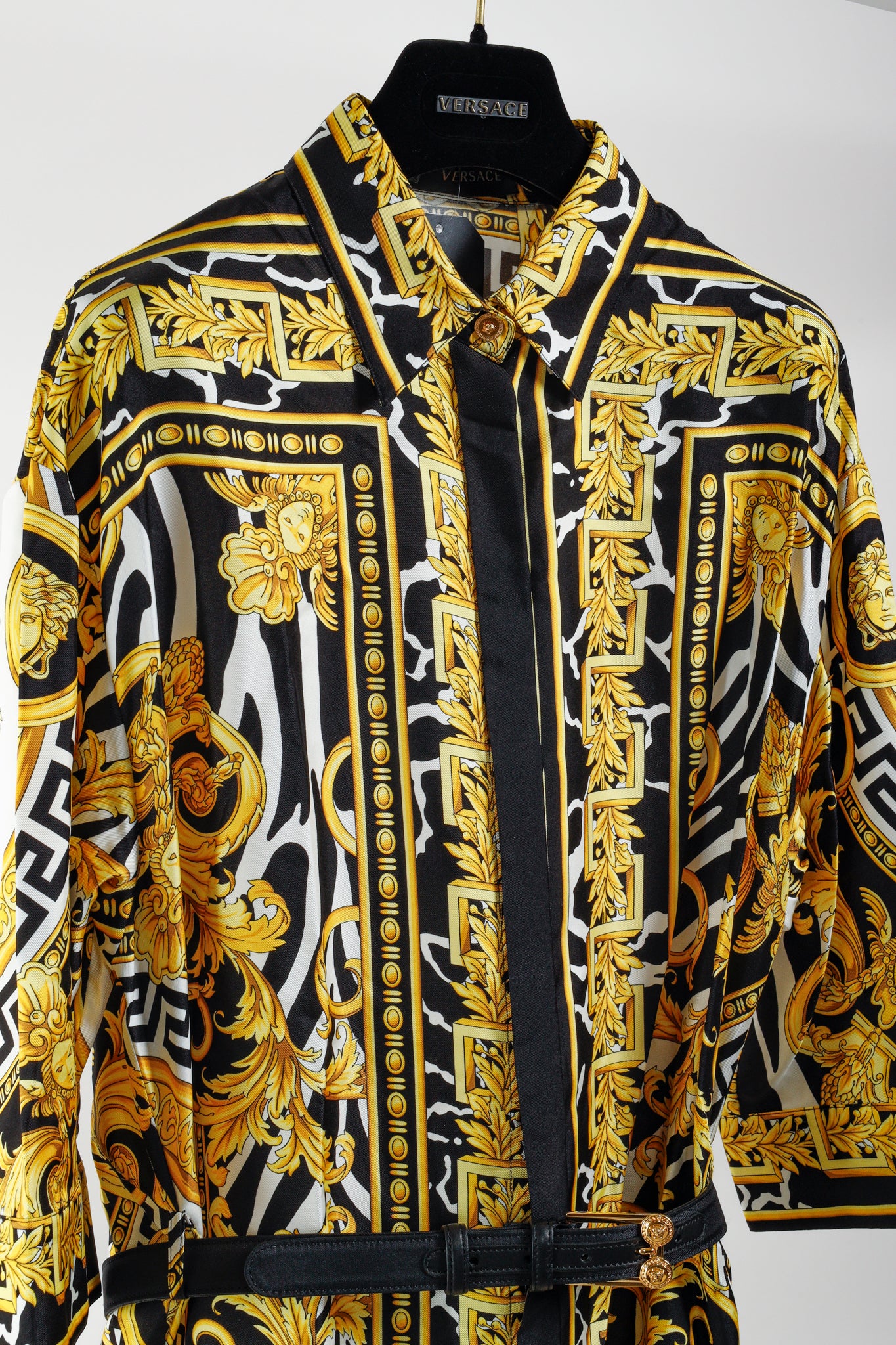 Versace 2019 Black Gold Baroque Silk Shirt Dress