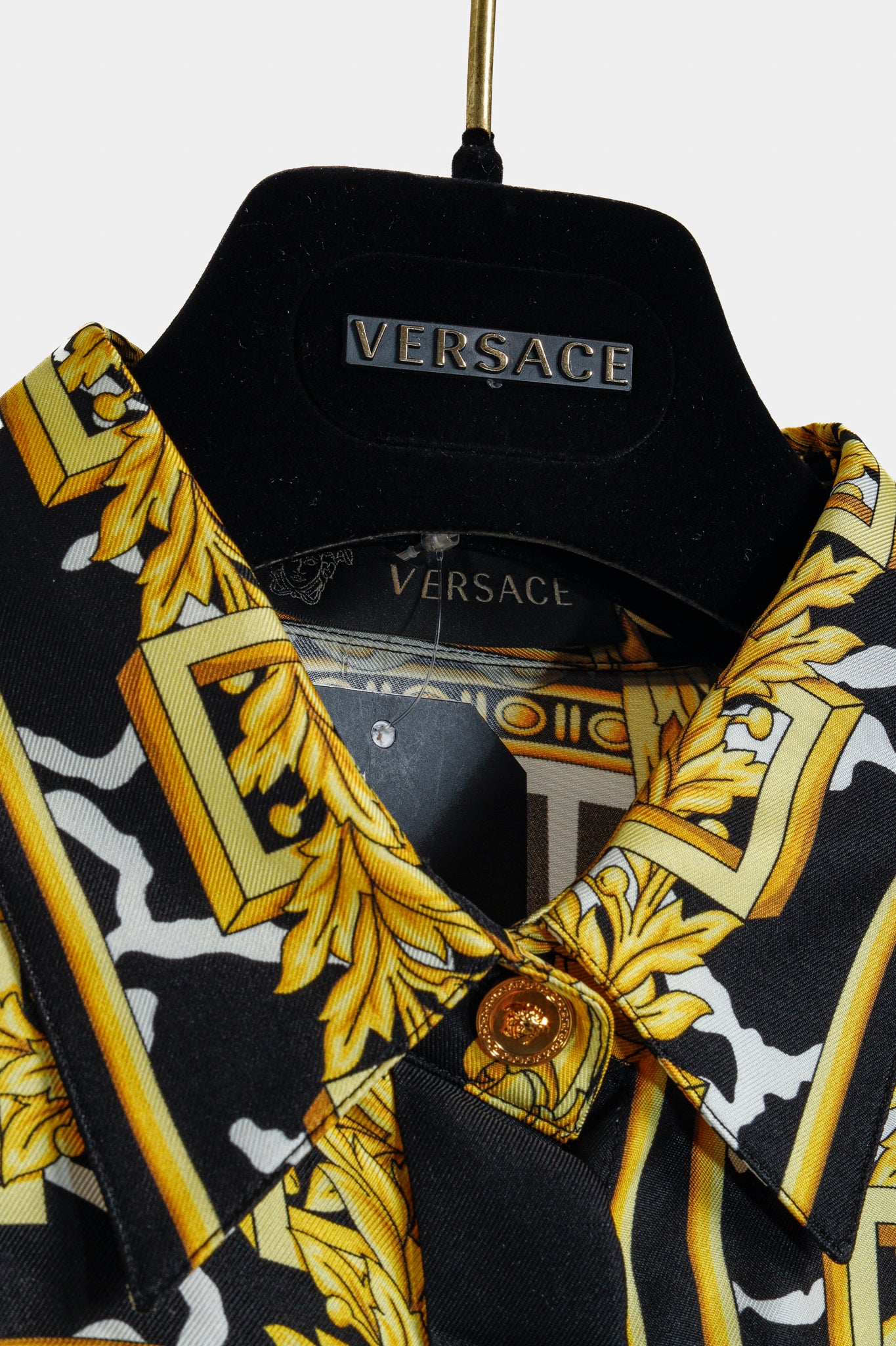 Versace 2019 Black Gold Baroque Silk Shirt Dress