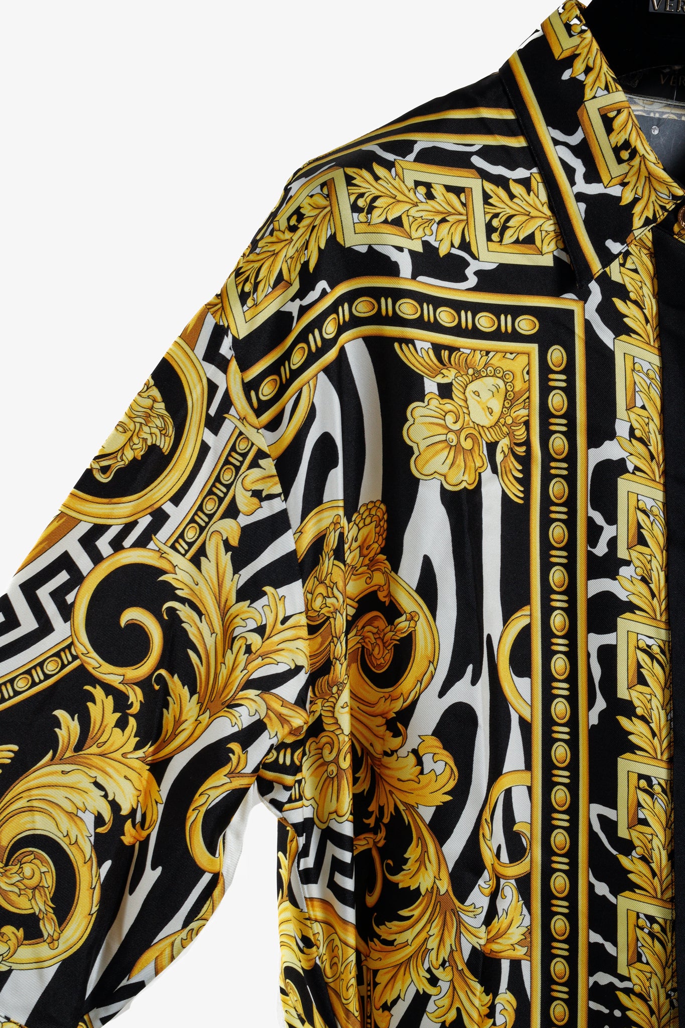 Versace 2019 Black Gold Baroque Silk Shirt Dress