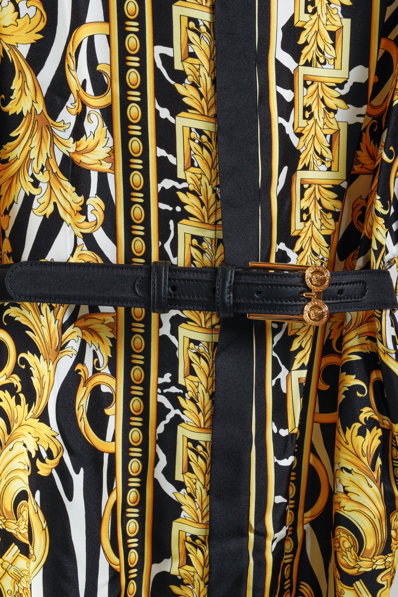 Versace 2019 Black Gold Baroque Silk Shirt Dress