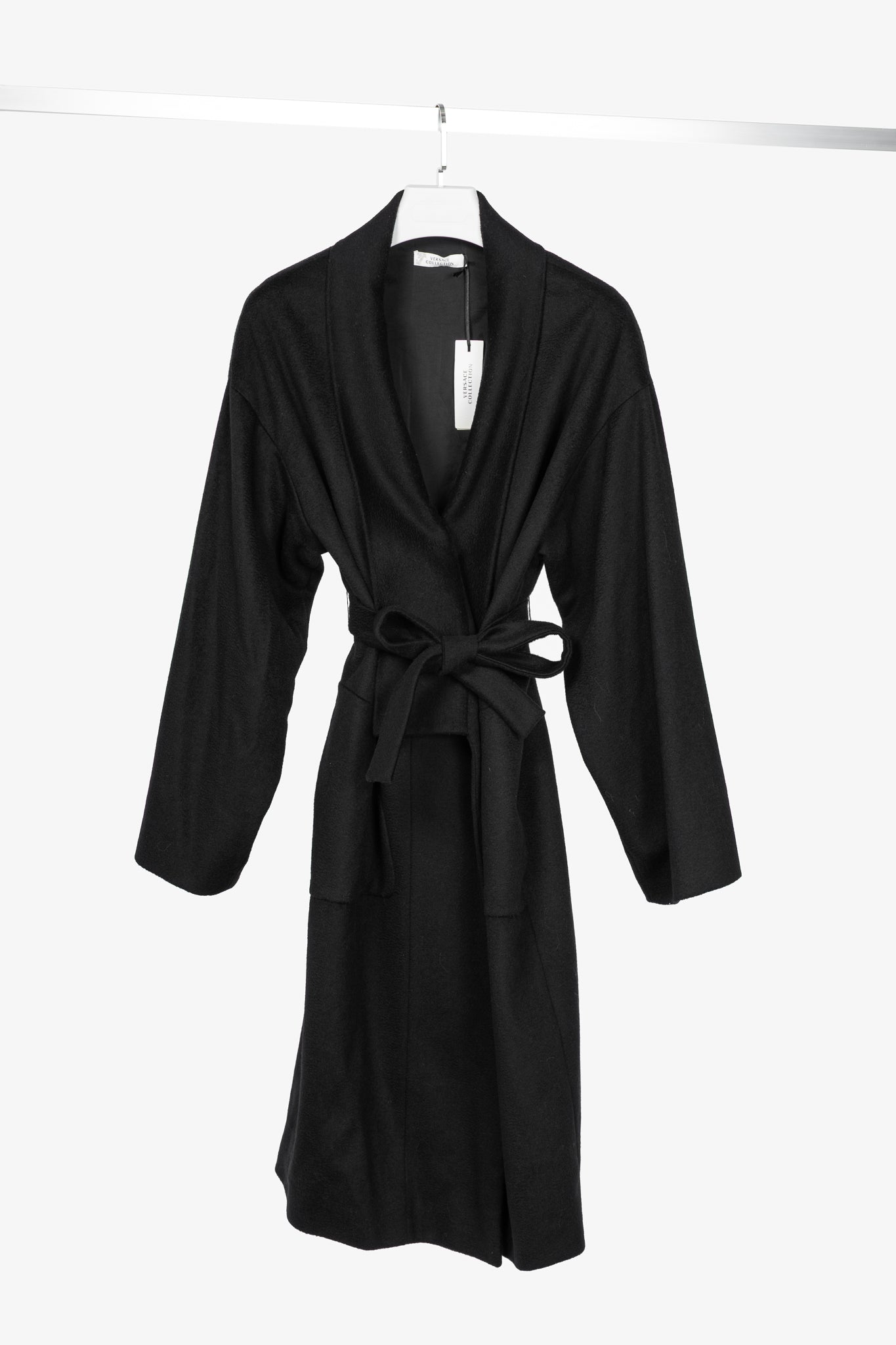 Versace Collection Black Wool Shawl-Collar Wrap Coat