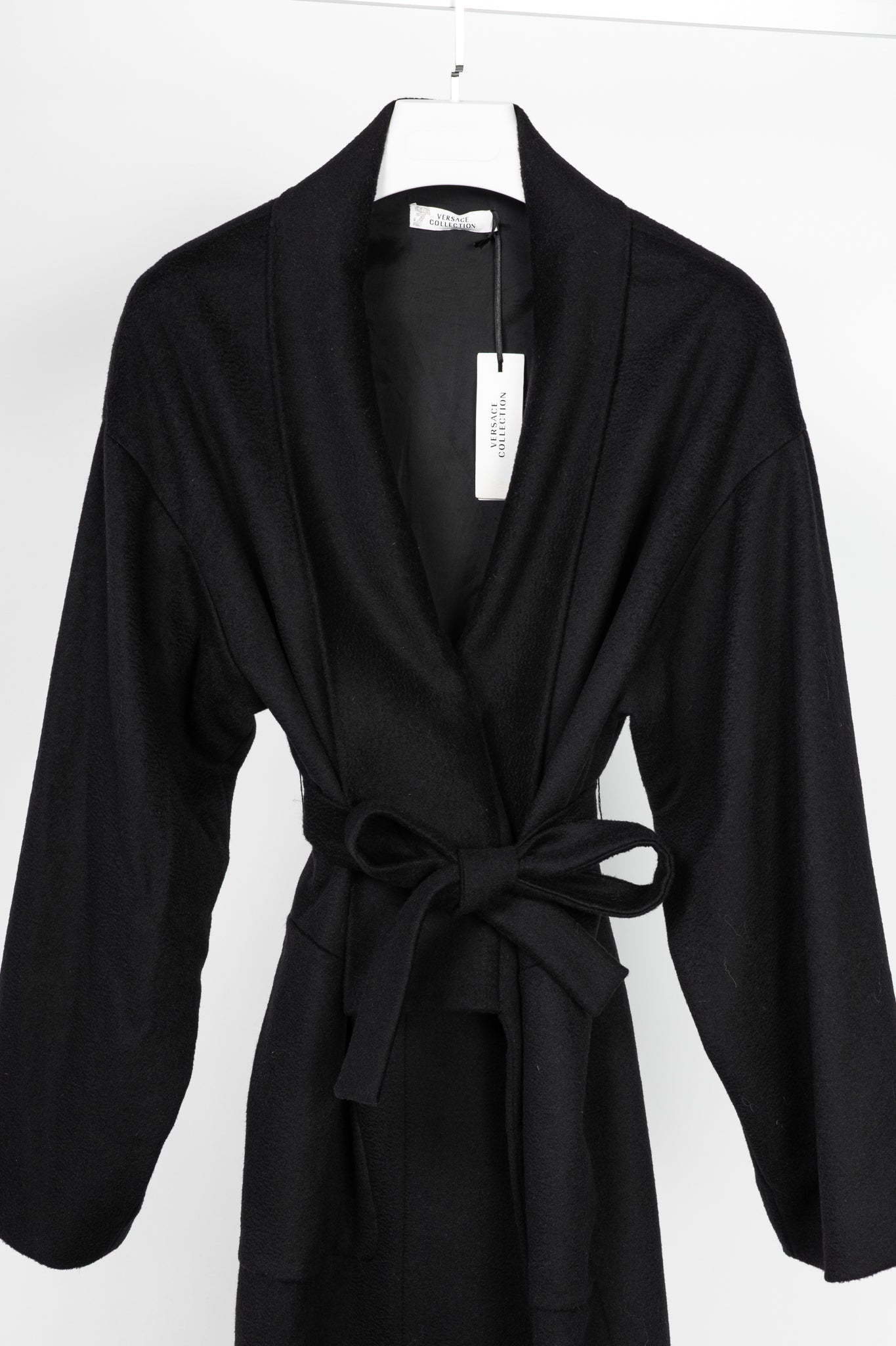 Versace Collection Black Wool Shawl-Collar Wrap Coat