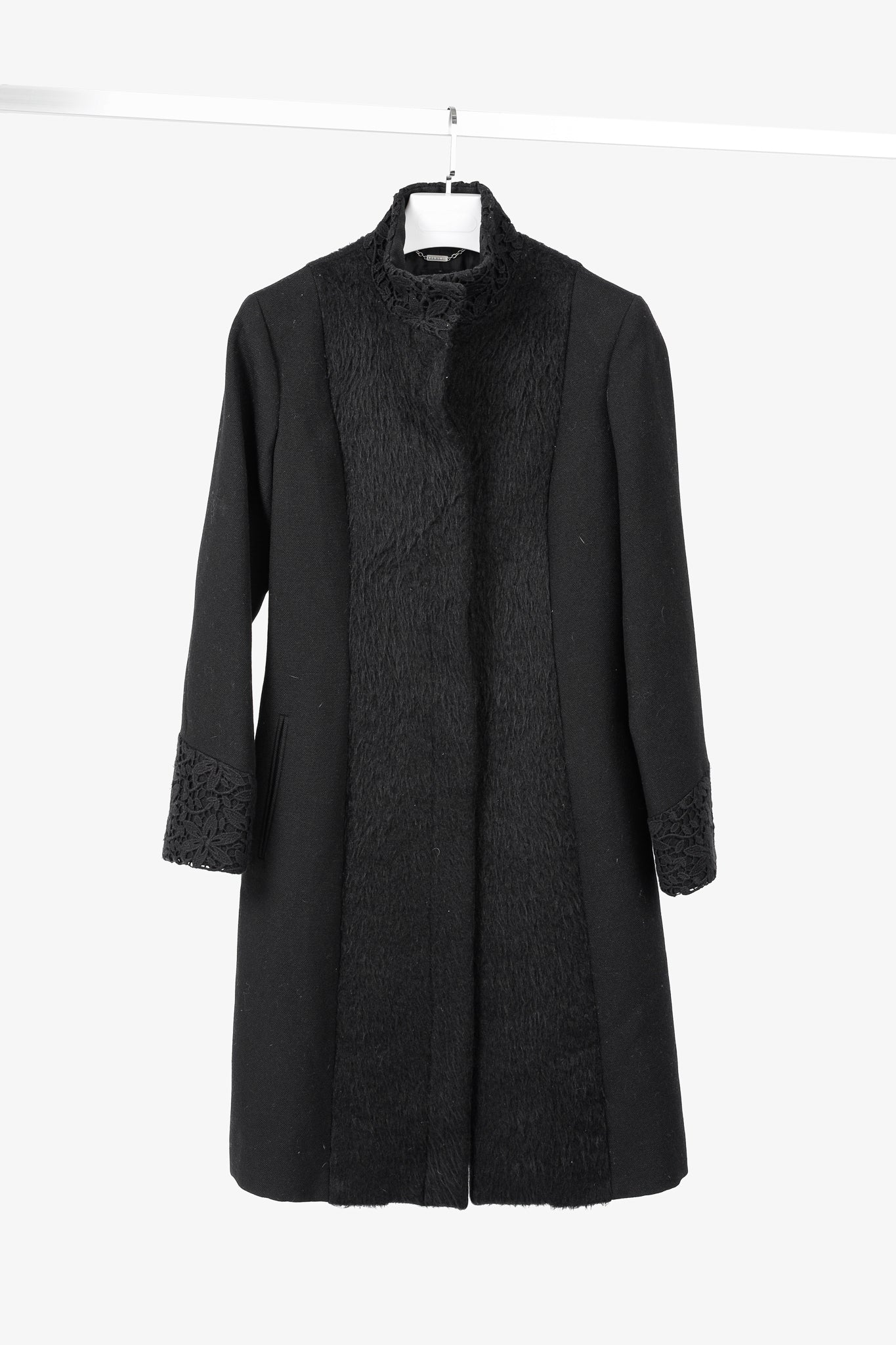 Versus Versace Black Fuzzy Wool Lace-Trim Coat