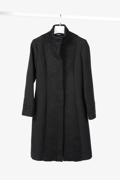 Versus Versace Black Fuzzy Wool Lace-Trim Coat