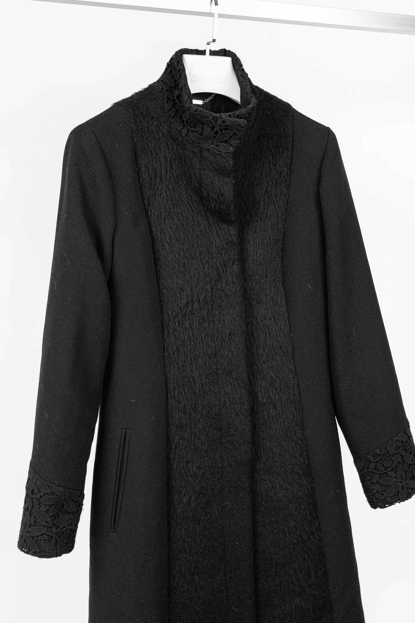 Versus Versace Black Fuzzy Wool Lace-Trim Coat