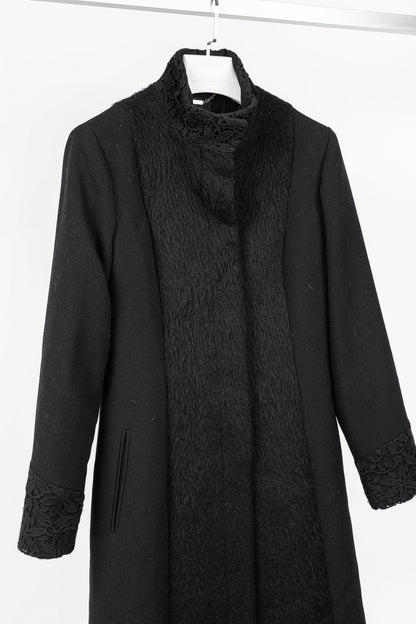 Versus Versace Black Fuzzy Wool Lace-Trim Coat