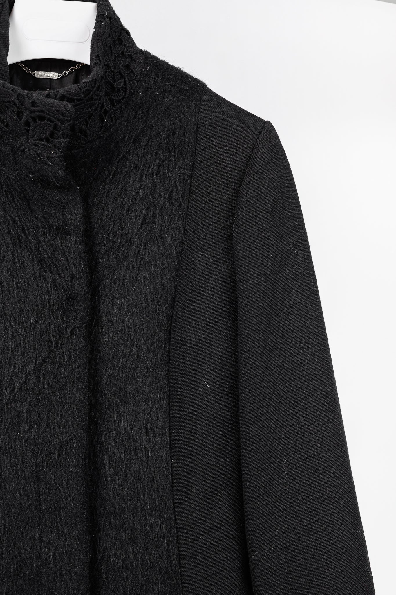 Versus Versace Black Fuzzy Wool Lace-Trim Coat
