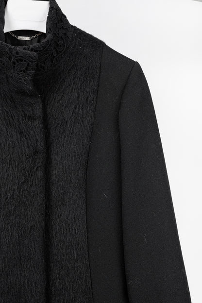 Versus Versace Black Fuzzy Wool Lace-Trim Coat