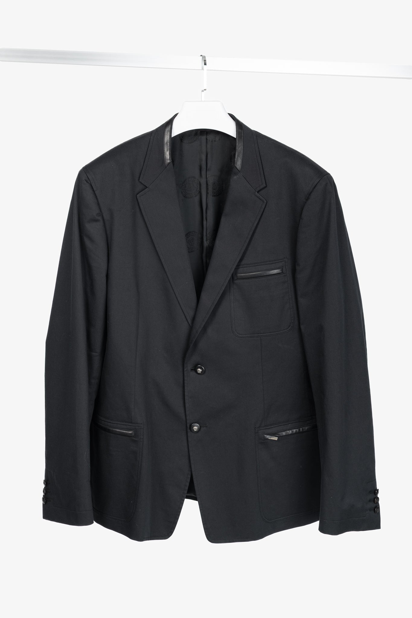 Versace Black Stretch-Cotton Leather-Trim Blazer