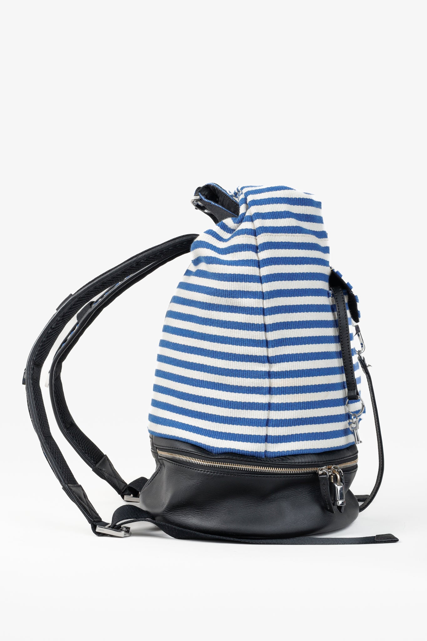 blue and white striped backpack with leather strap Want Les Essentiels Blue and White Striped Backpack – Blogger Armoire