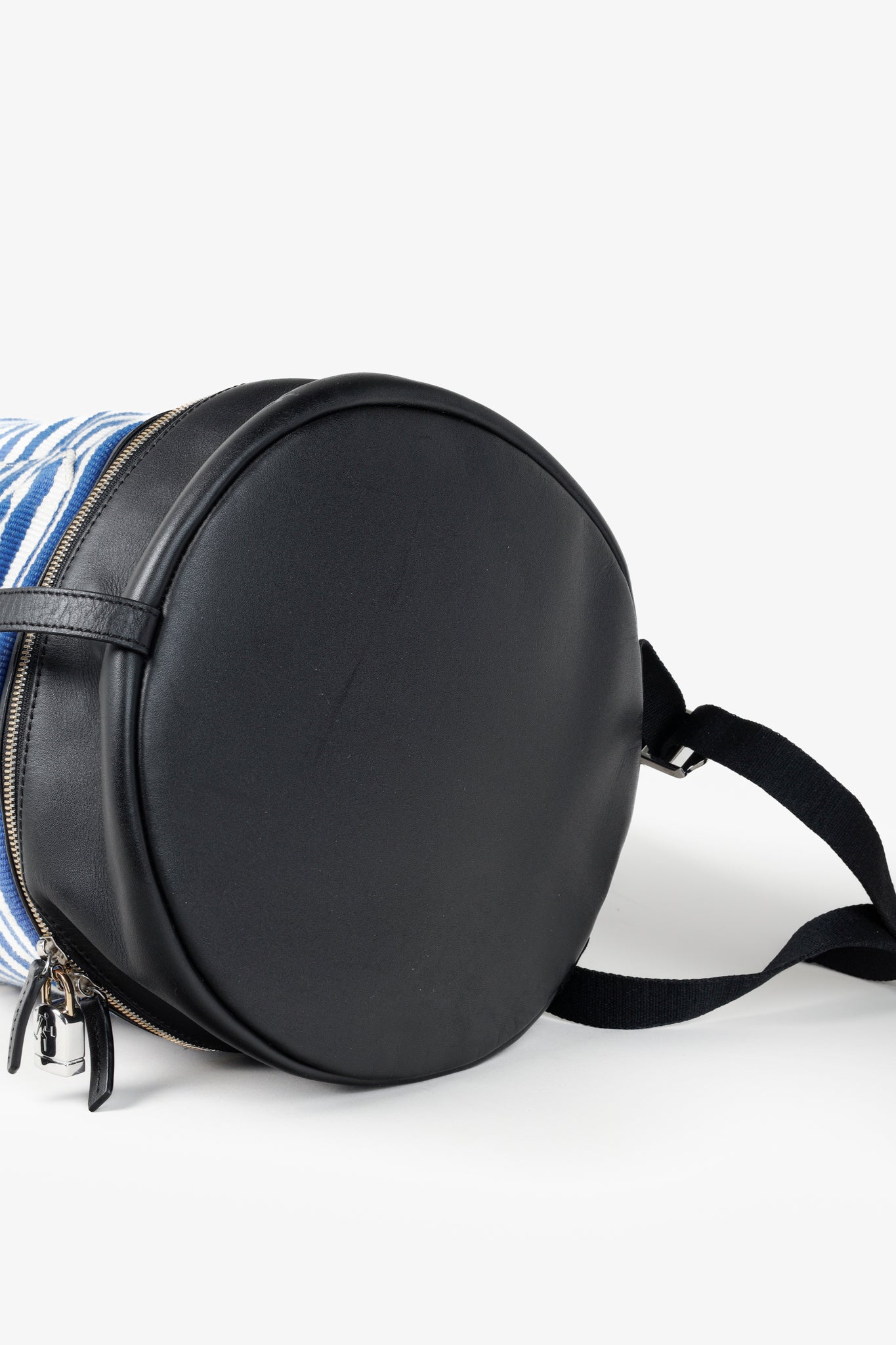 blue and white striped backpack with leather strap Want Les Essentiels Blue and White Striped Backpack – Blogger Armoire