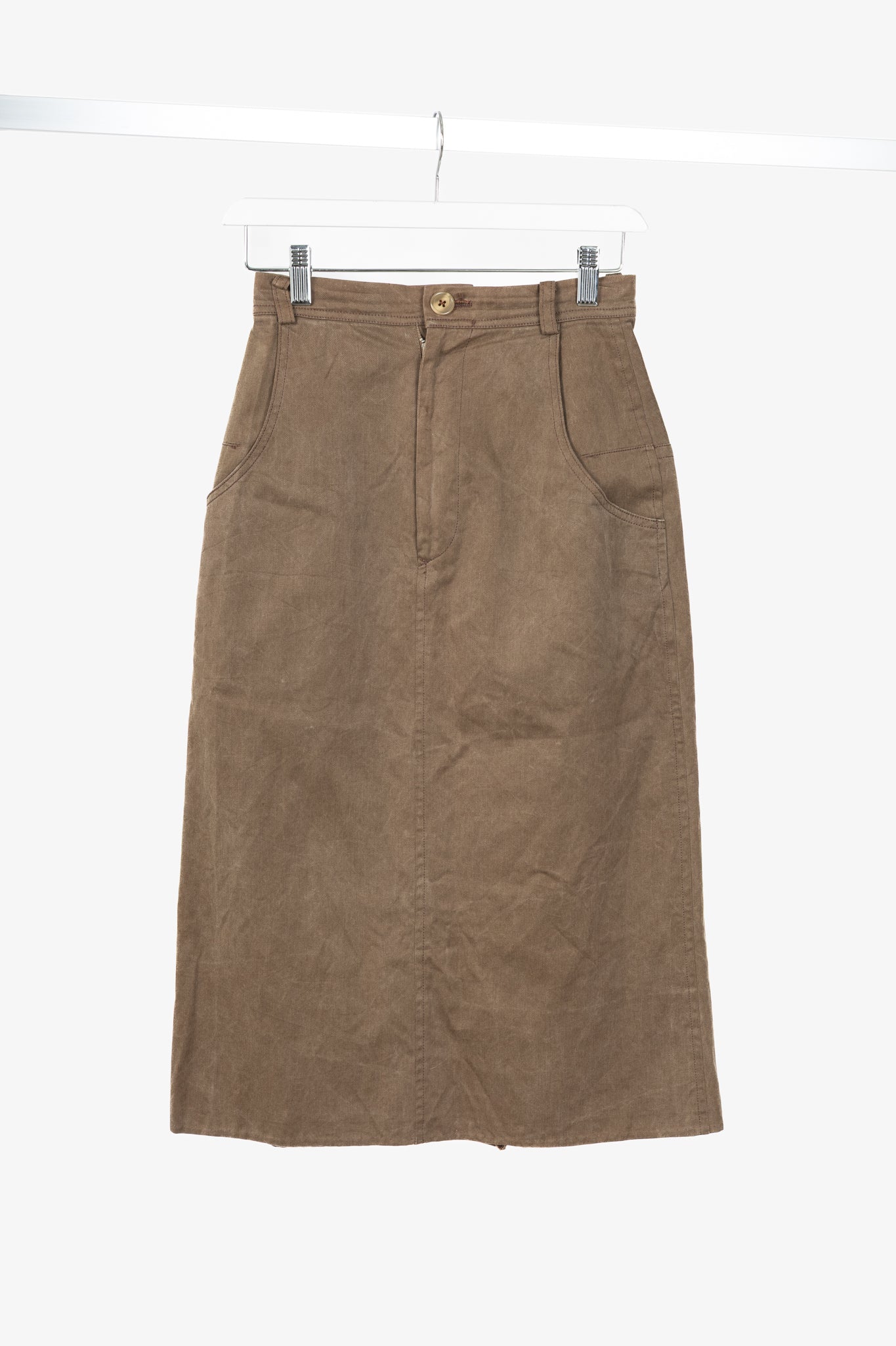 Y's Brown Cotton Twill Midi Skirt