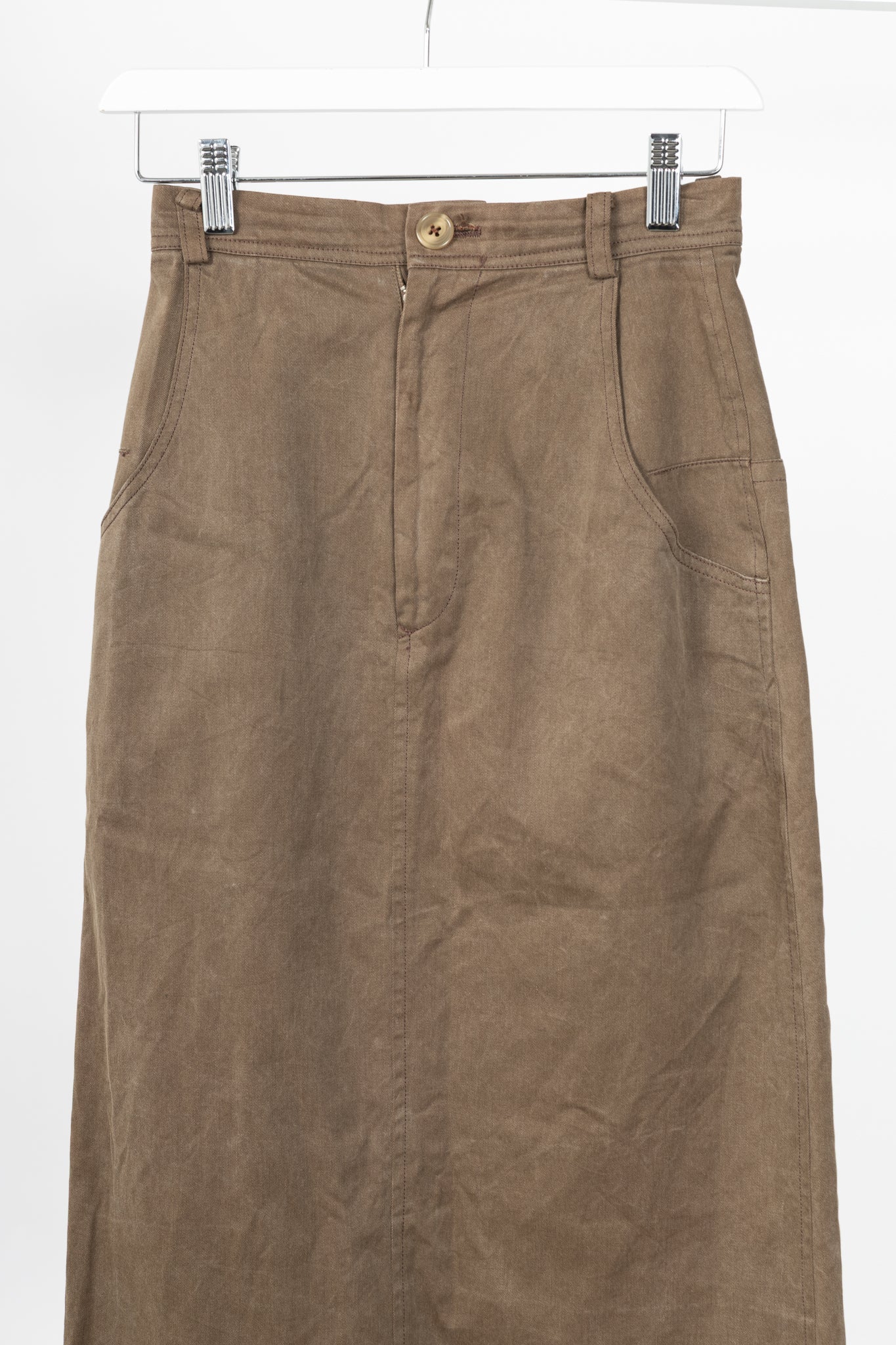 Y's Brown Cotton Twill Midi Skirt