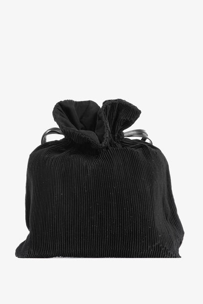 Y's Black Pleated Satin Leather-Drawstring Backpack