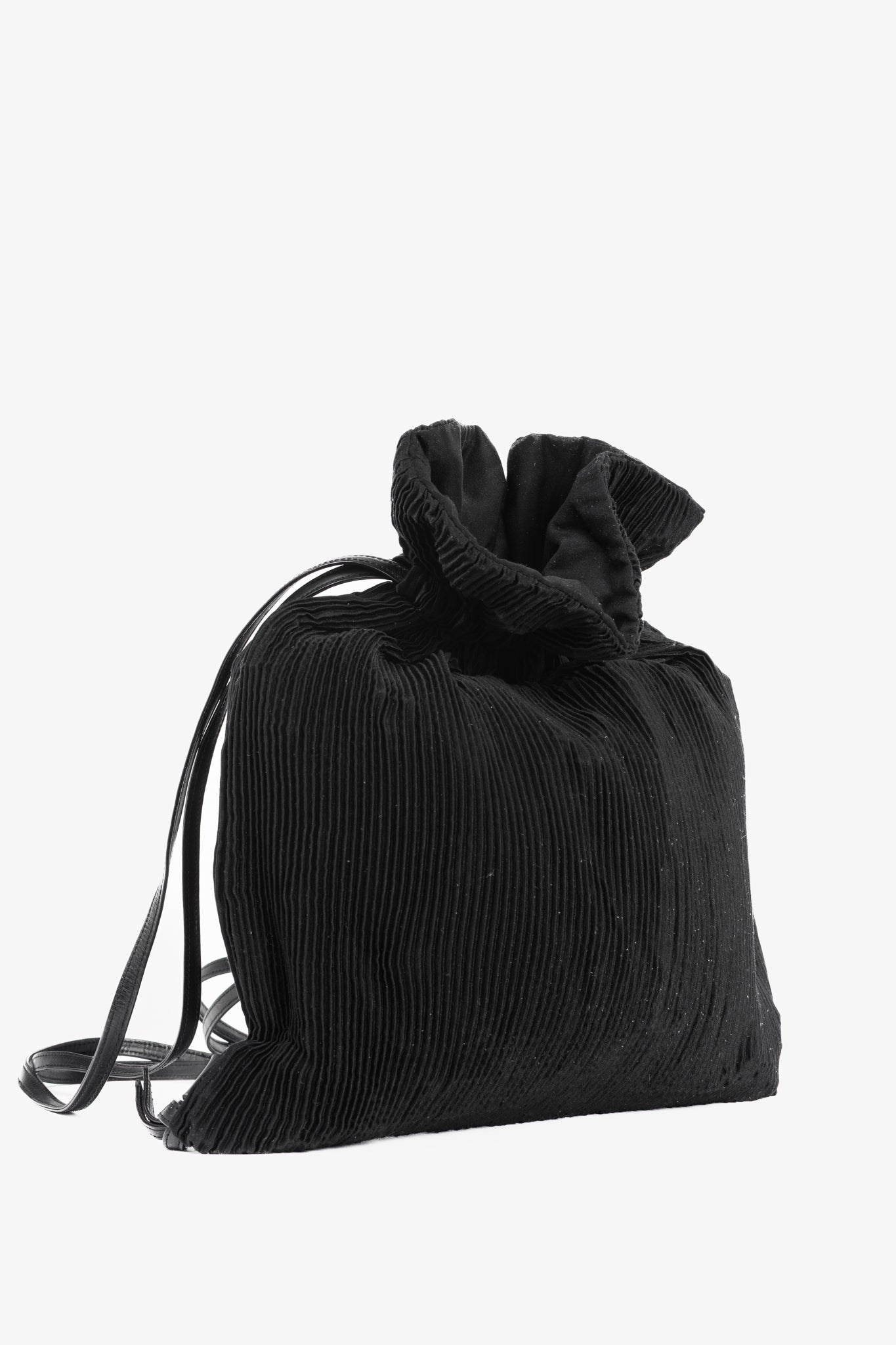 Y's Black Pleated Satin Leather-Drawstring Backpack
