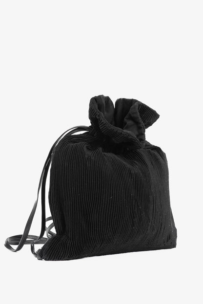 Y's Black Pleated Satin Leather-Drawstring Backpack