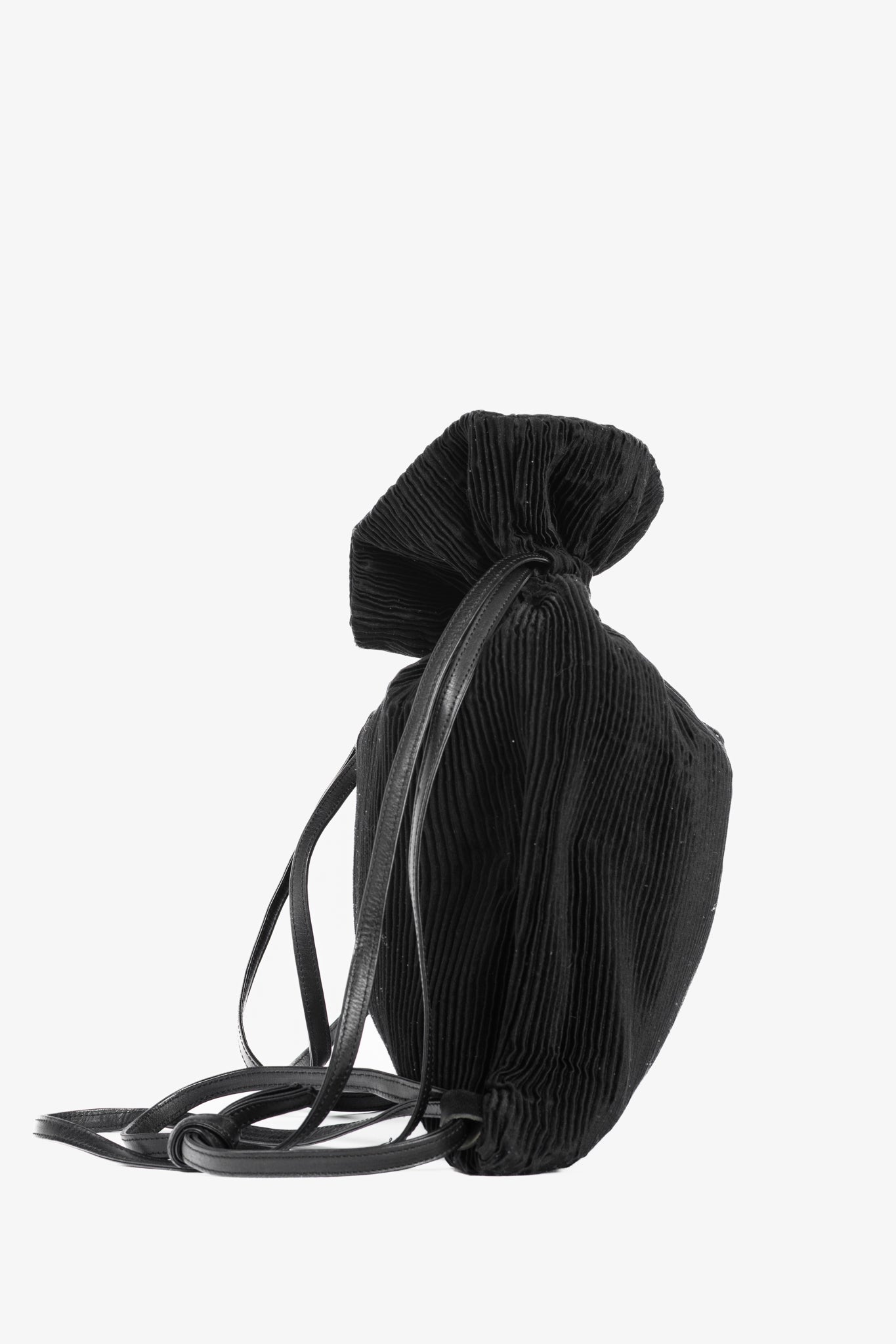 Y's Black Pleated Satin Leather-Drawstring Backpack