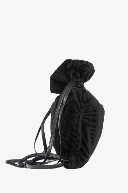 Y's Black Pleated Satin Leather-Drawstring Backpack