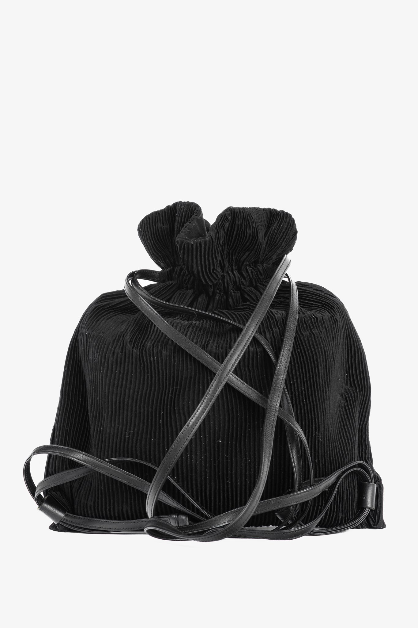 Y's Black Pleated Satin Leather-Drawstring Backpack