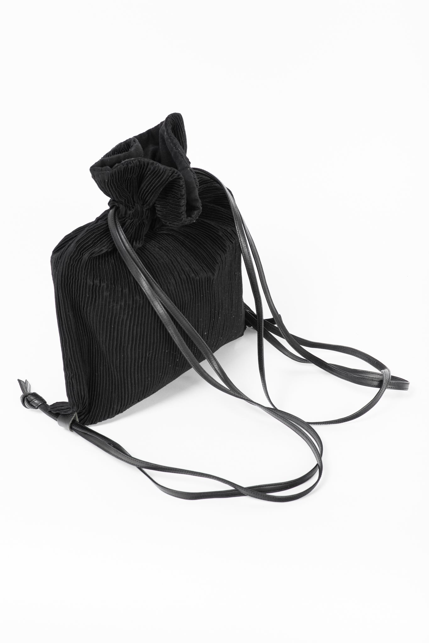 Y's Black Pleated Satin Leather-Drawstring Backpack
