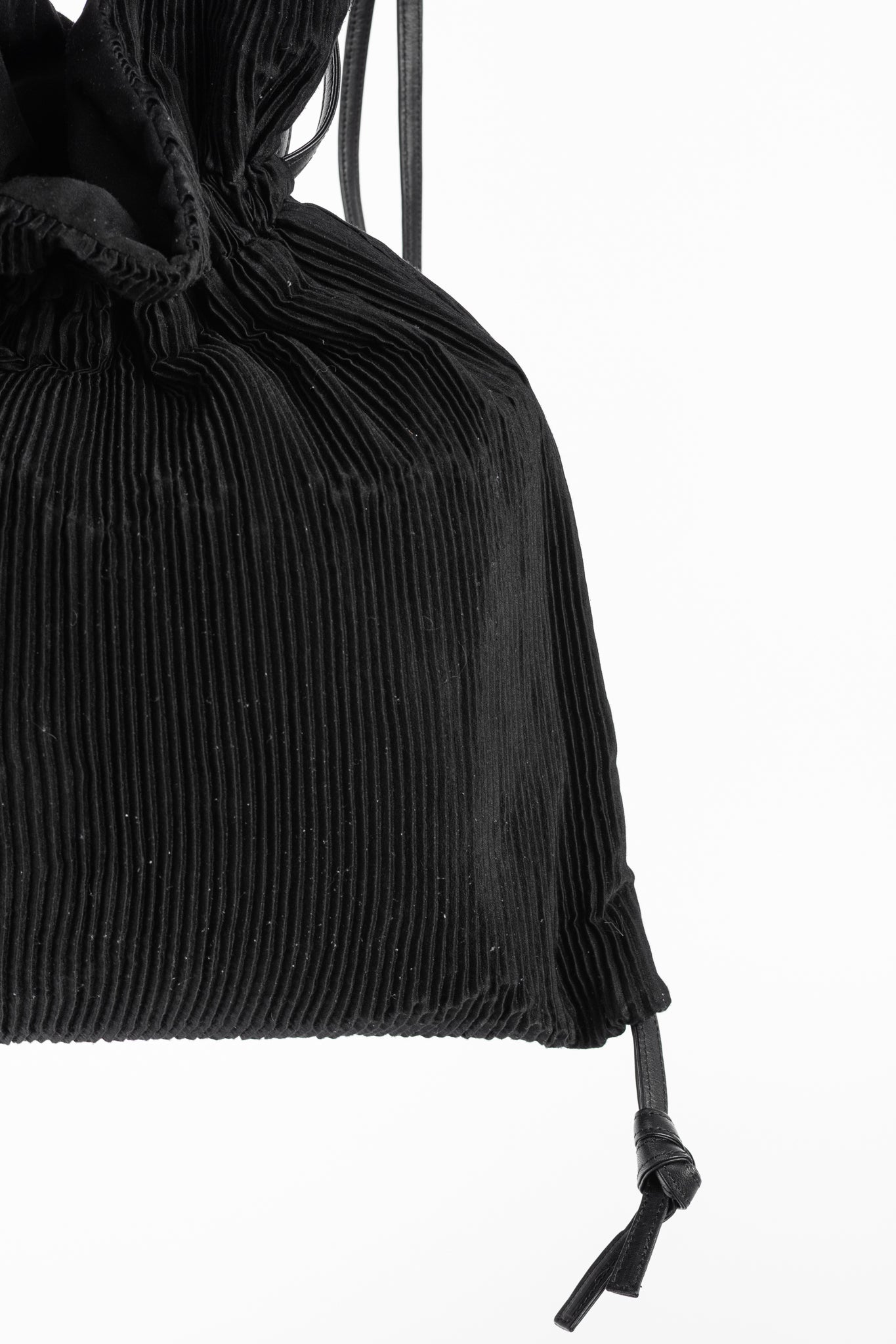 Y's Black Pleated Satin Leather-Drawstring Backpack