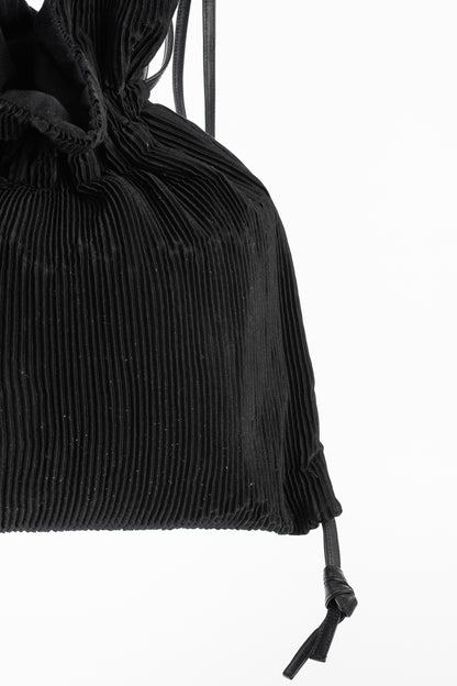 Y's Black Pleated Satin Leather-Drawstring Backpack