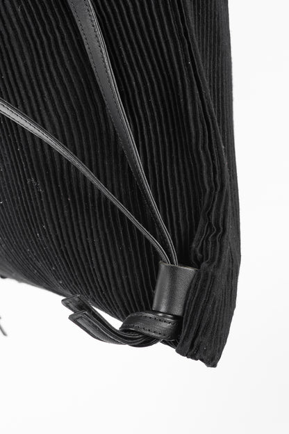 Y's Black Pleated Satin Leather-Drawstring Backpack